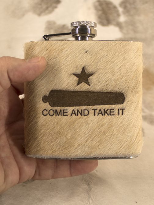 Come & Take It Cowhide Labeled Flask